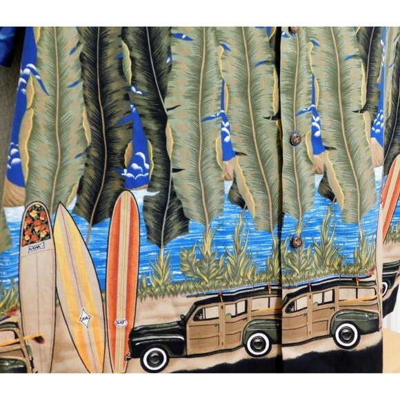 Vintage RJC Hawaiian Shirt XL Blue Surf Woody Car Beach Scene Short Slv Cotton - Picture 5 of 8